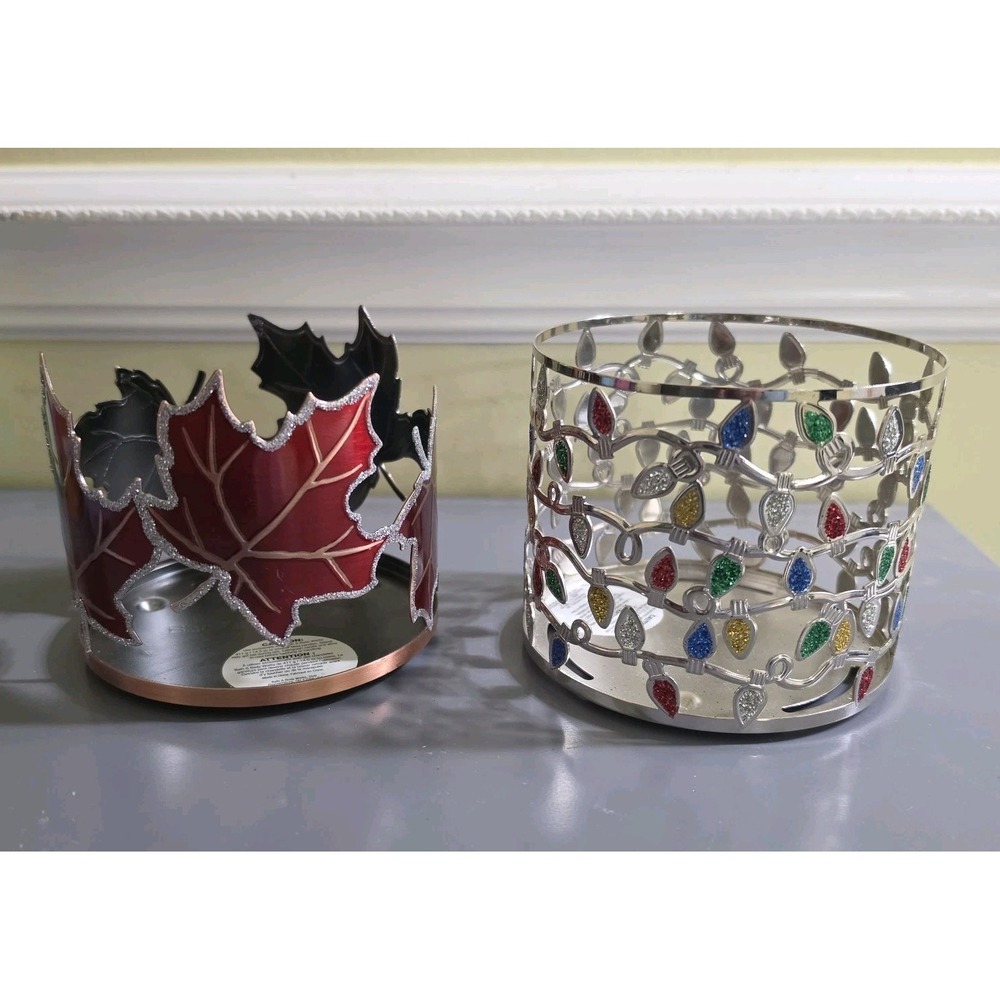 Bath &‎ Body Works Christmas Lights & Fall Leaves 3 Wick Metal Candle Holder Lot